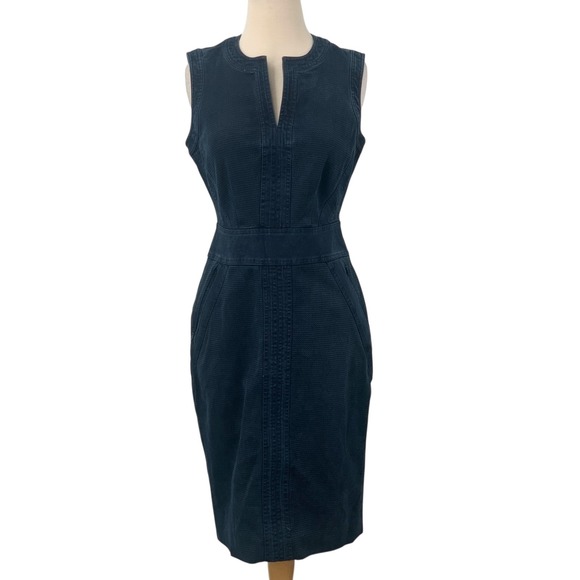 Etcetera Sleeveless Scandinavian Jacquard Denim Sheath Dress‎ Split Neck SIze 4 - Picture 1 of 7